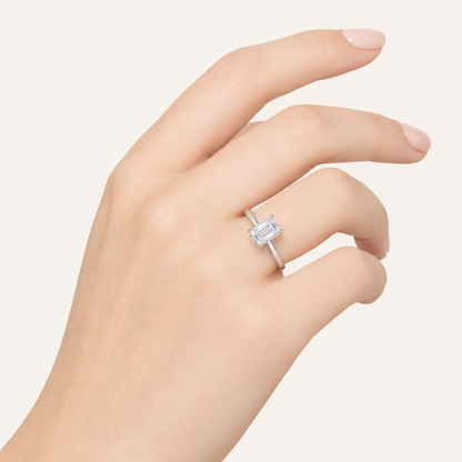 3CT Emerald Cut Lab Grown Diamond Hidden Halo Plain Shank Engagement Ring