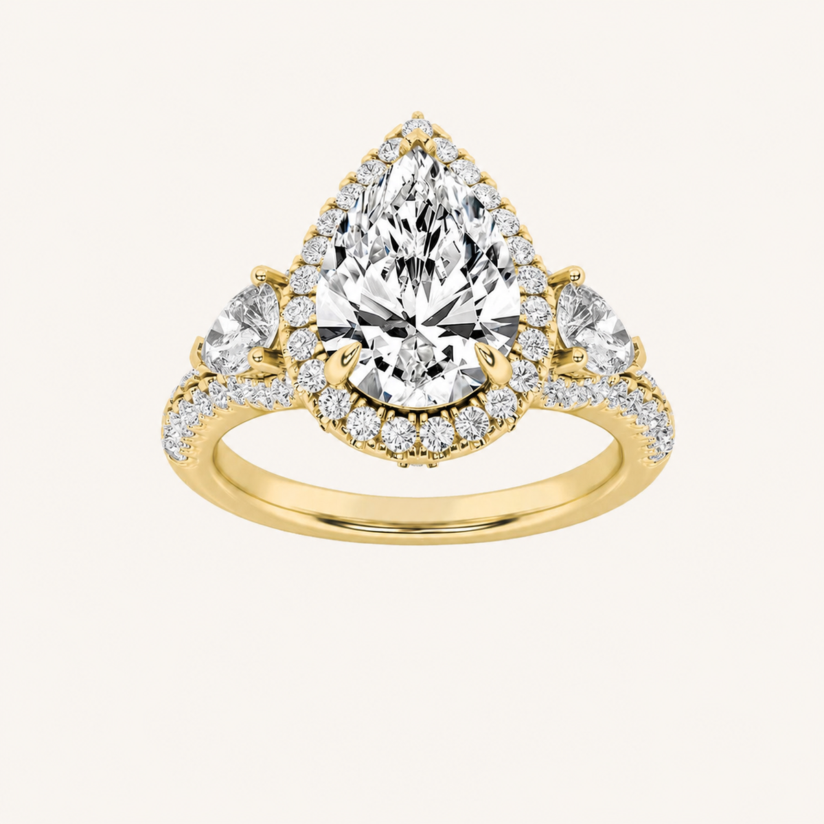 3CT Pear Cut Lab Grown Diamond Three Stone Bold Accented Engagement Ring
