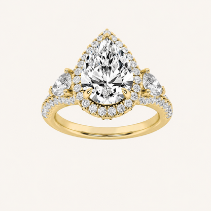 3CT Pear Cut Lab Grown Diamond Three Stone Bold Accented Engagement Ring