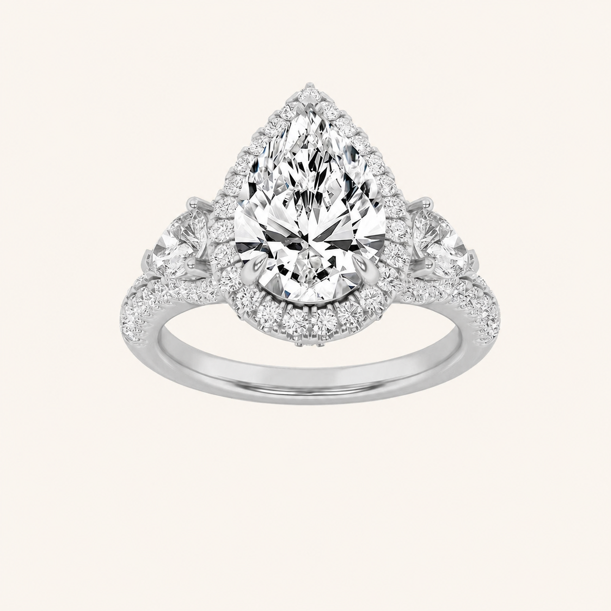 3CT Pear Cut Lab Grown Diamond Three Stone Bold Accented Engagement Ring