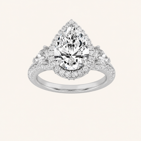3CT Pear Cut Lab Grown Diamond Three Stone Bold Accented Engagement Ring