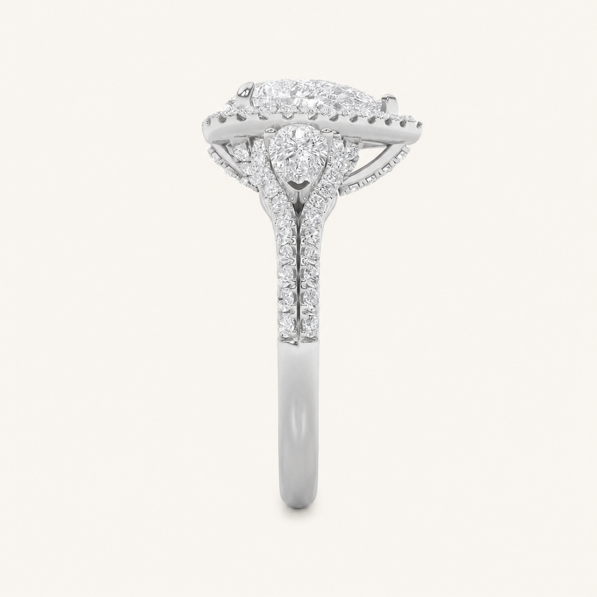 3CT Pear Cut Lab Grown Diamond Three Stone Bold Accented Engagement Ring
