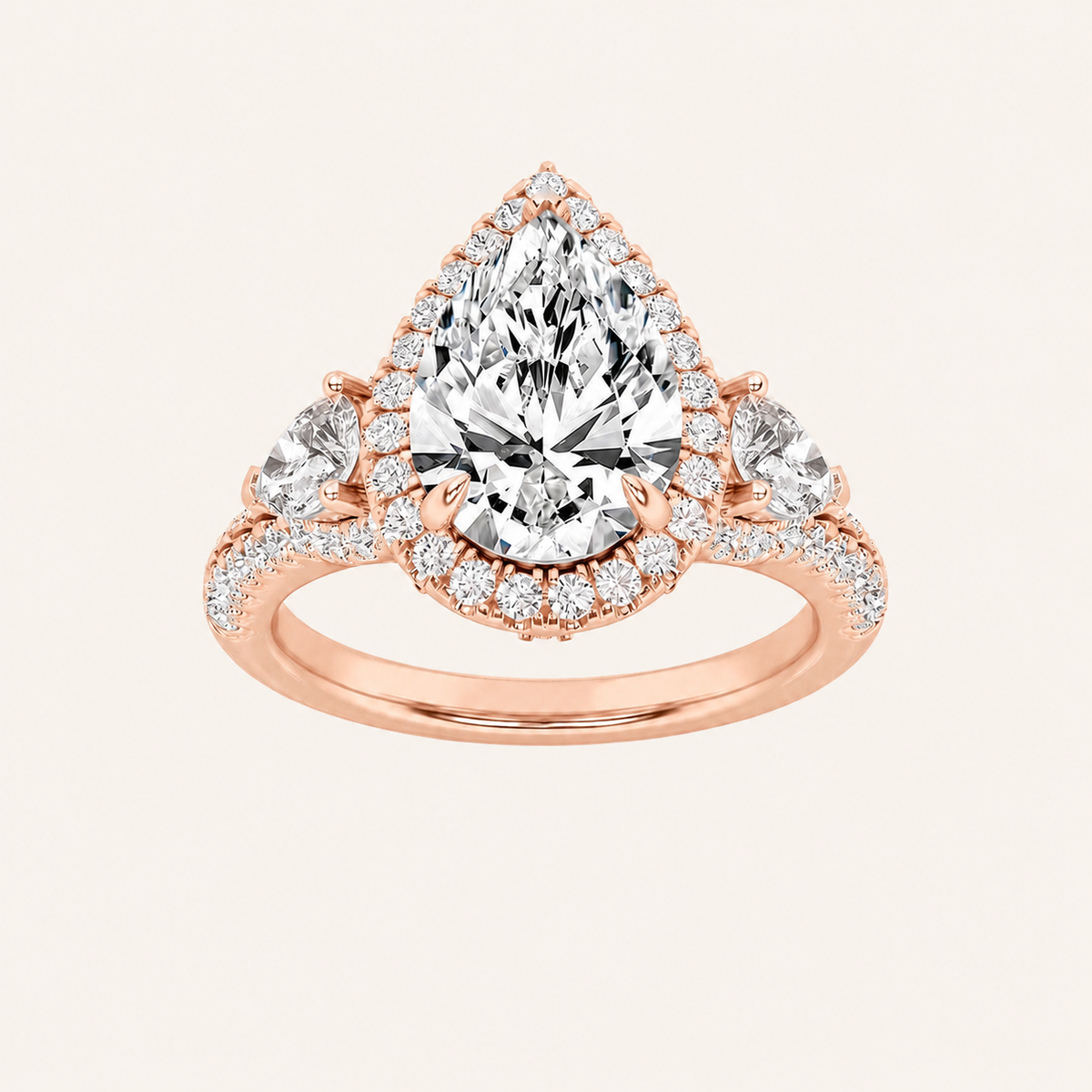 3CT Pear Cut Lab Grown Diamond Three Stone Bold Accented Engagement Ring