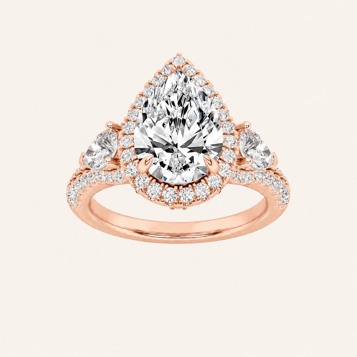 3CT Pear Cut Lab Grown Diamond Three Stone Bold Accented Engagement Ring