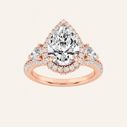 3CT Pear Cut Lab Grown Diamond Three Stone Bold Accented Engagement Ring