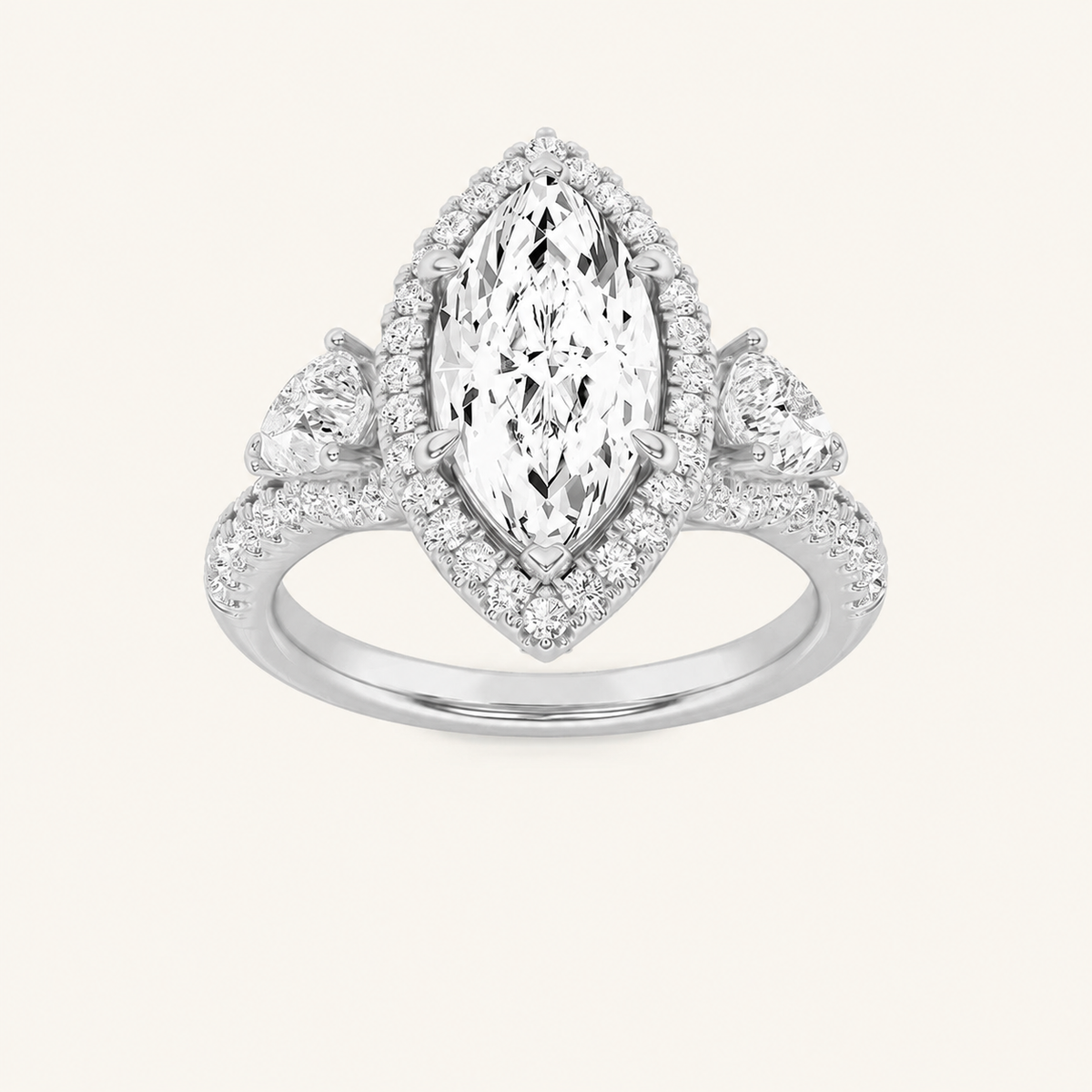 3CT Marquise Cut Lab Grown Diamond Three Stone Bold Accented Engagement Ring