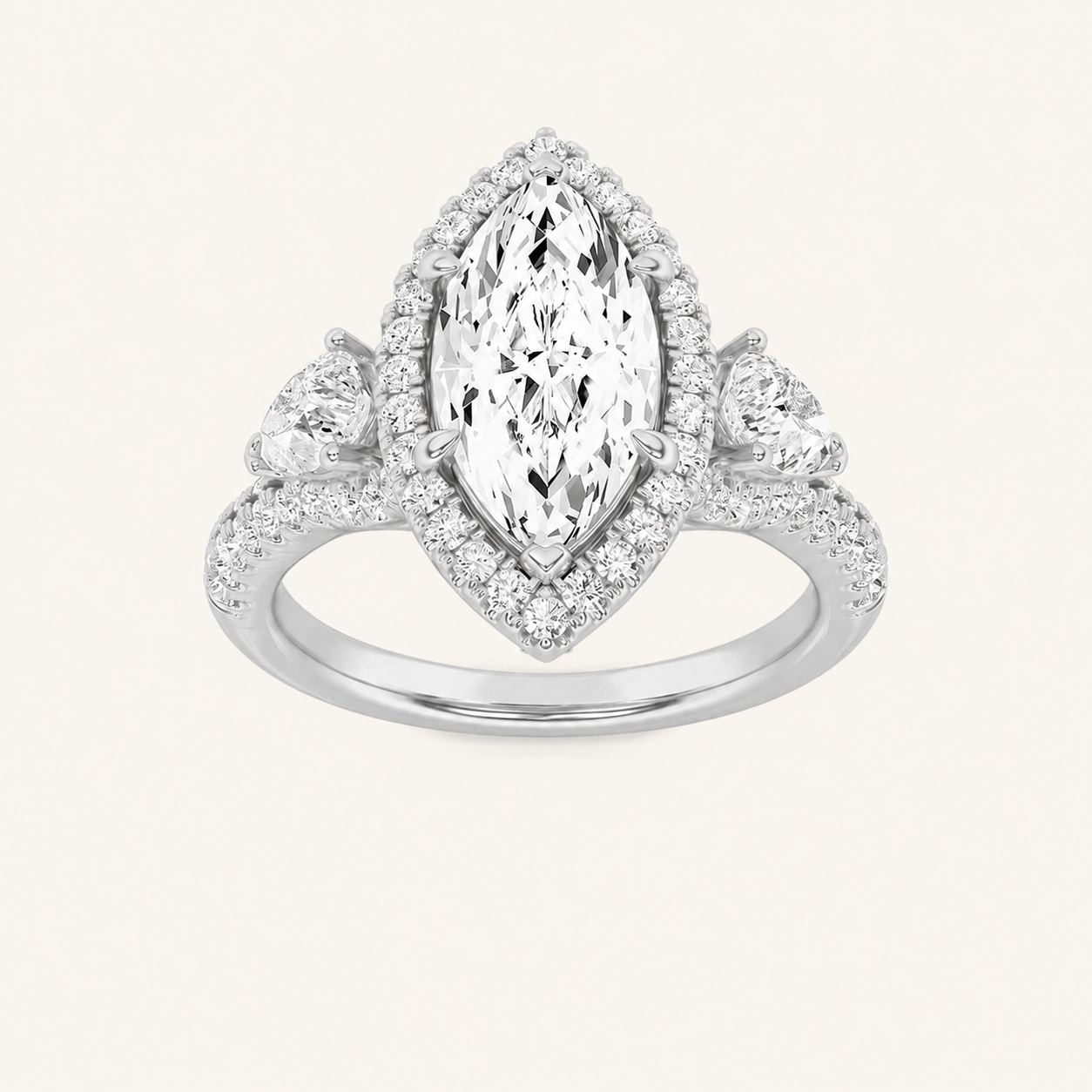 3CT Marquise Cut Lab Grown Diamond Three Stone Bold Accented Engagement Ring