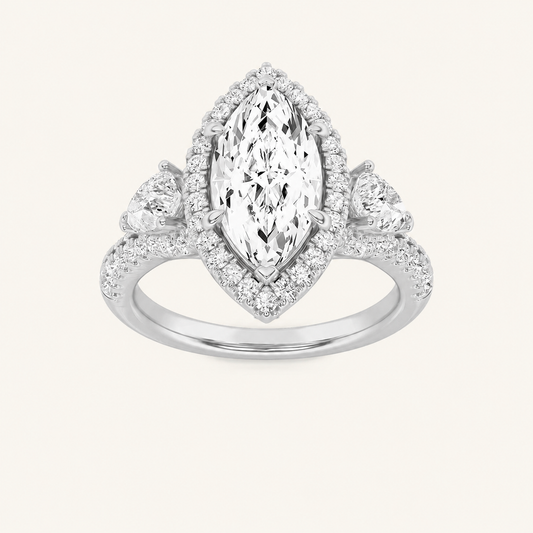 3CT Marquise Cut Lab Grown Diamond Three Stone Bold Accented Engagement Ring