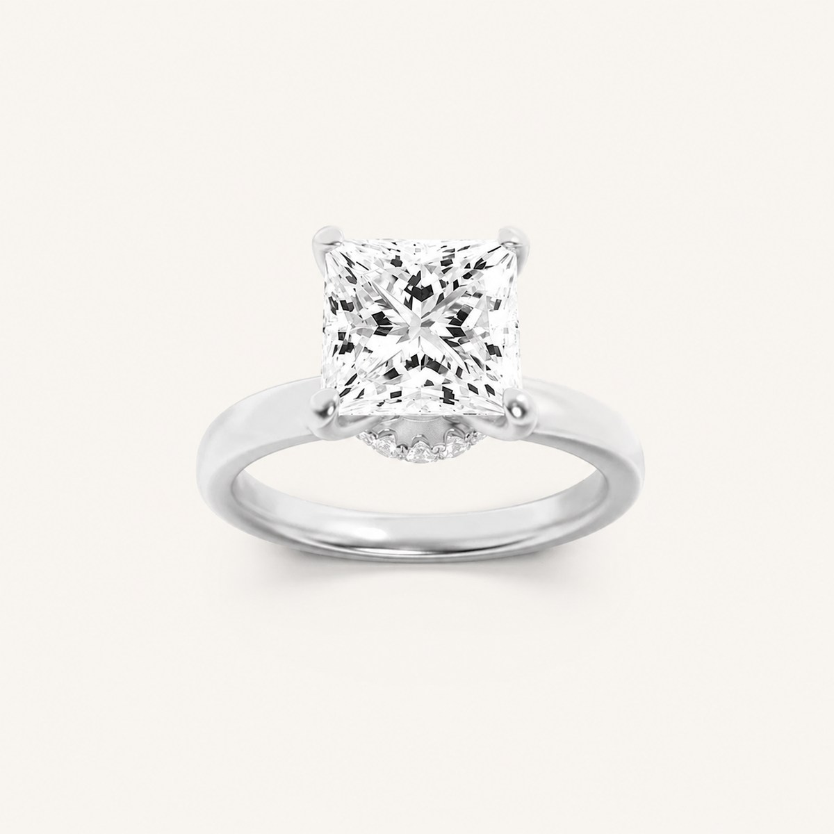 3CT Princess Cut Lab Grown Diamond Hidden Halo Plain Shank Engagement Ring