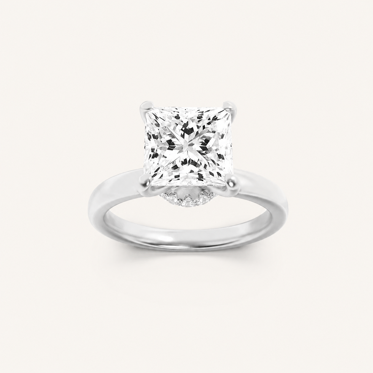3CT Princess Cut Lab Grown Diamond Hidden Halo Plain Shank Engagement Ring