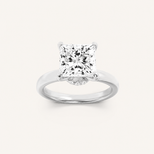 3CT Princess Cut Lab Grown Diamond Hidden Halo Plain Shank Engagement Ring