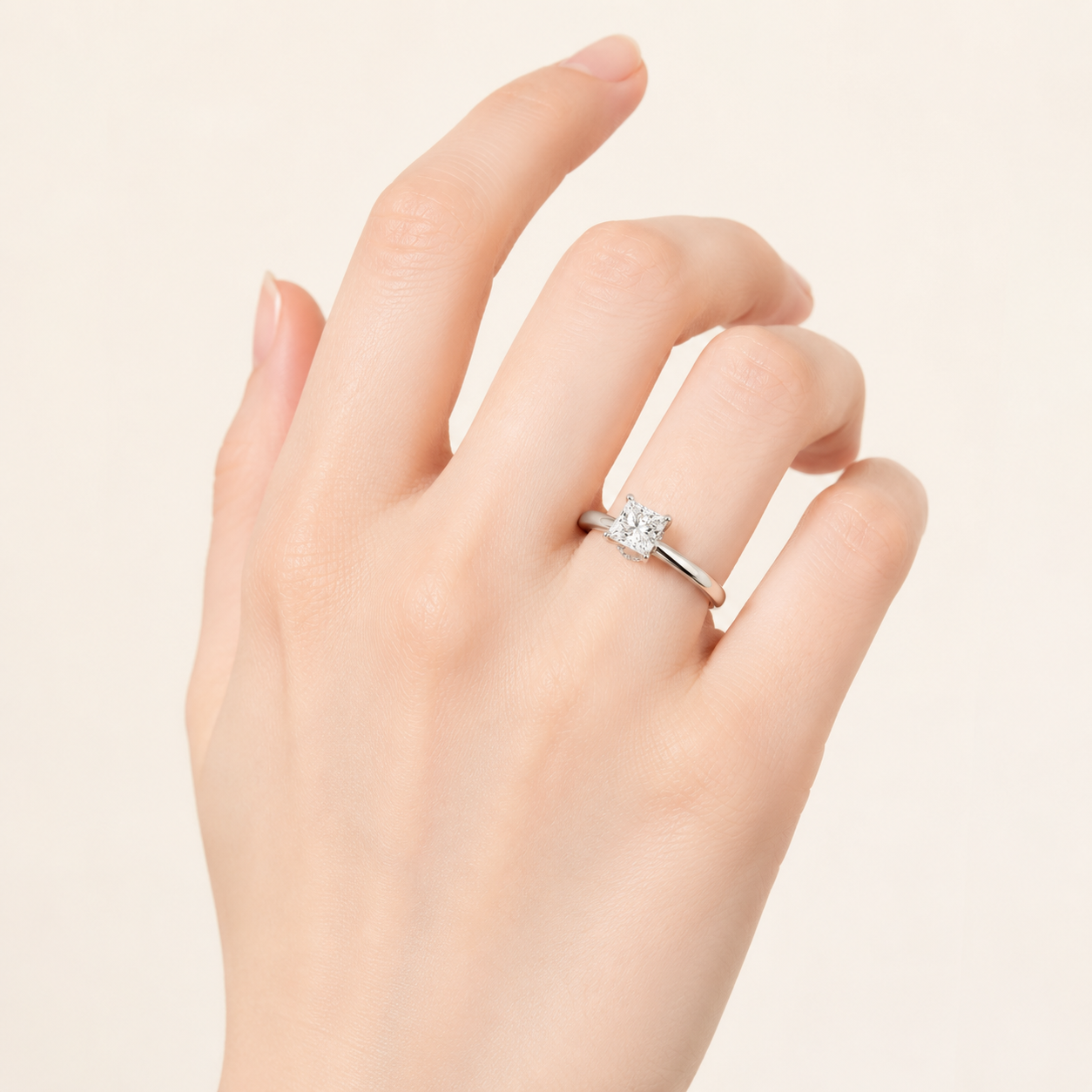 3CT Princess Cut Lab Grown Diamond Hidden Halo Plain Shank Engagement Ring