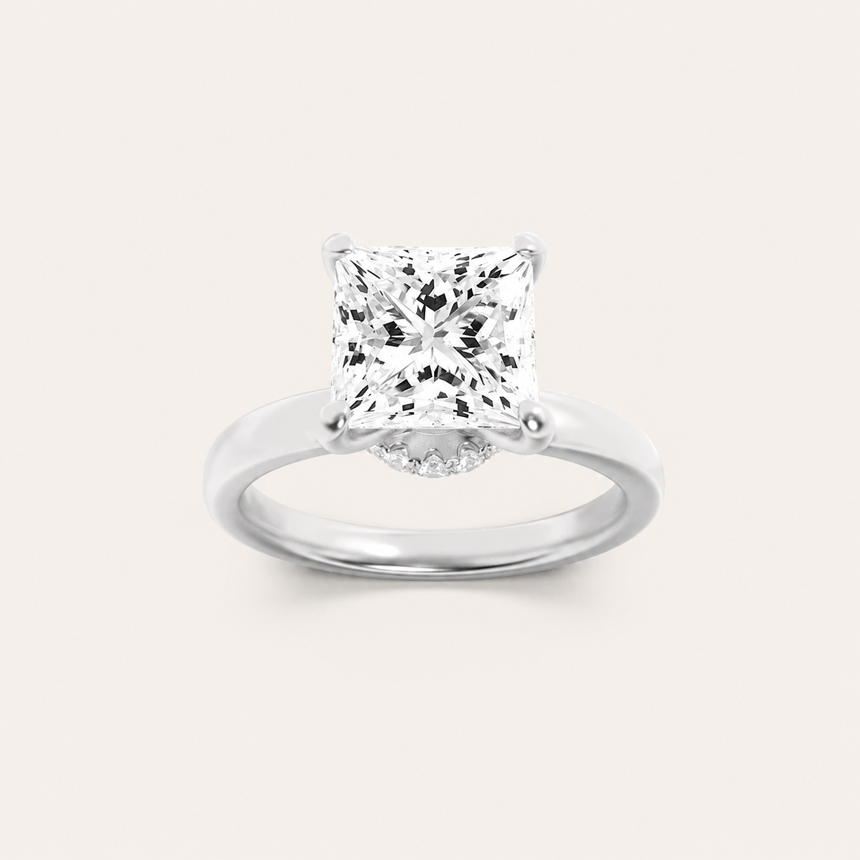 2CT Princess Cut Lab Grown Diamond Hidden Halo Plain Shank Engagement Ring