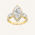 3CT Marquise Cut Lab Grown Diamond Three Stone Halo Engagement Ring