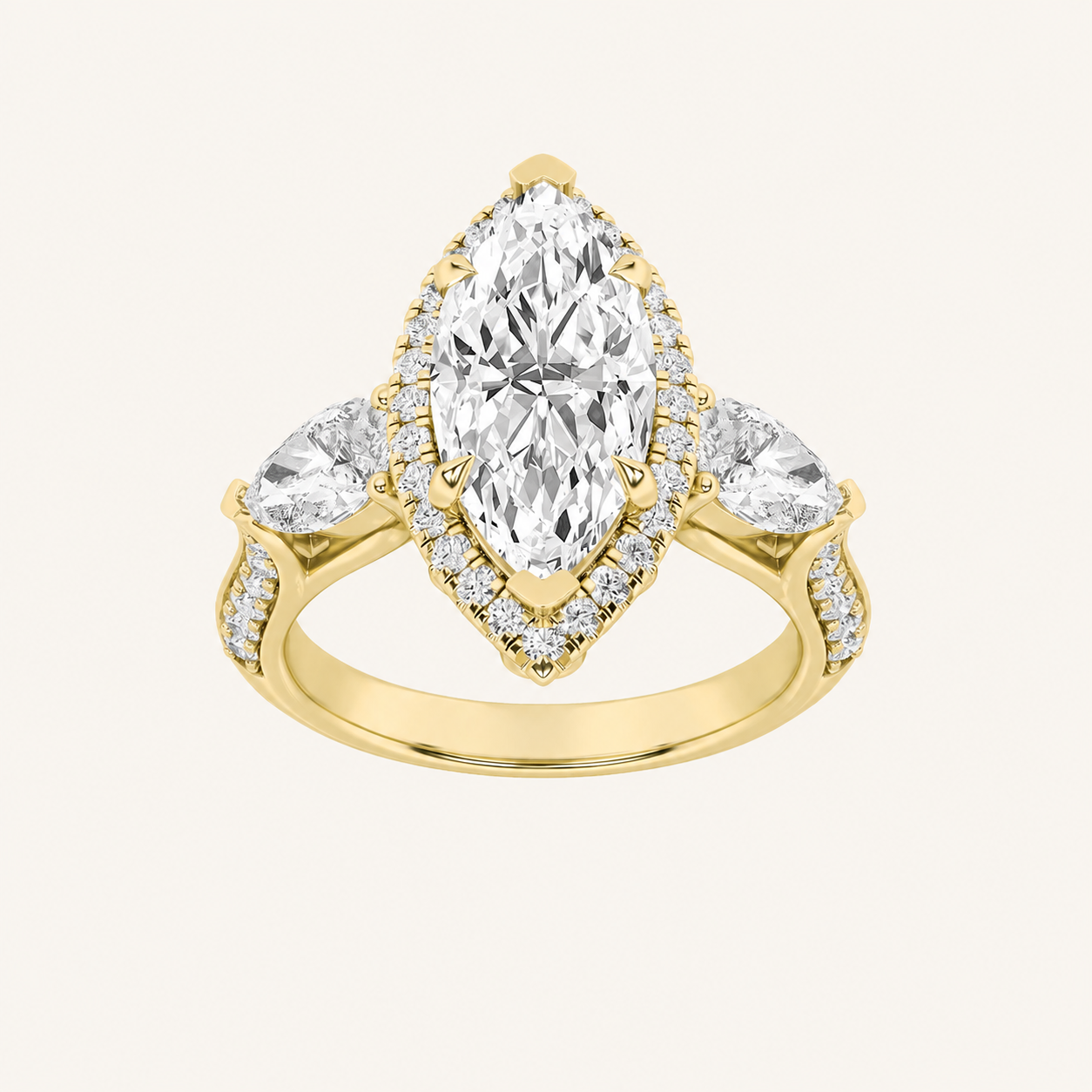 3CT Marquise Cut Lab Grown Diamond Three Stone Halo Engagement Ring