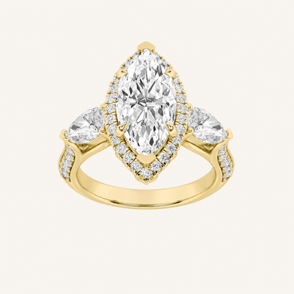 3CT Marquise Cut Lab Grown Diamond Three Stone Halo Engagement Ring