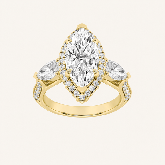 3CT Marquise Cut Lab Grown Diamond Three Stone Halo Engagement Ring