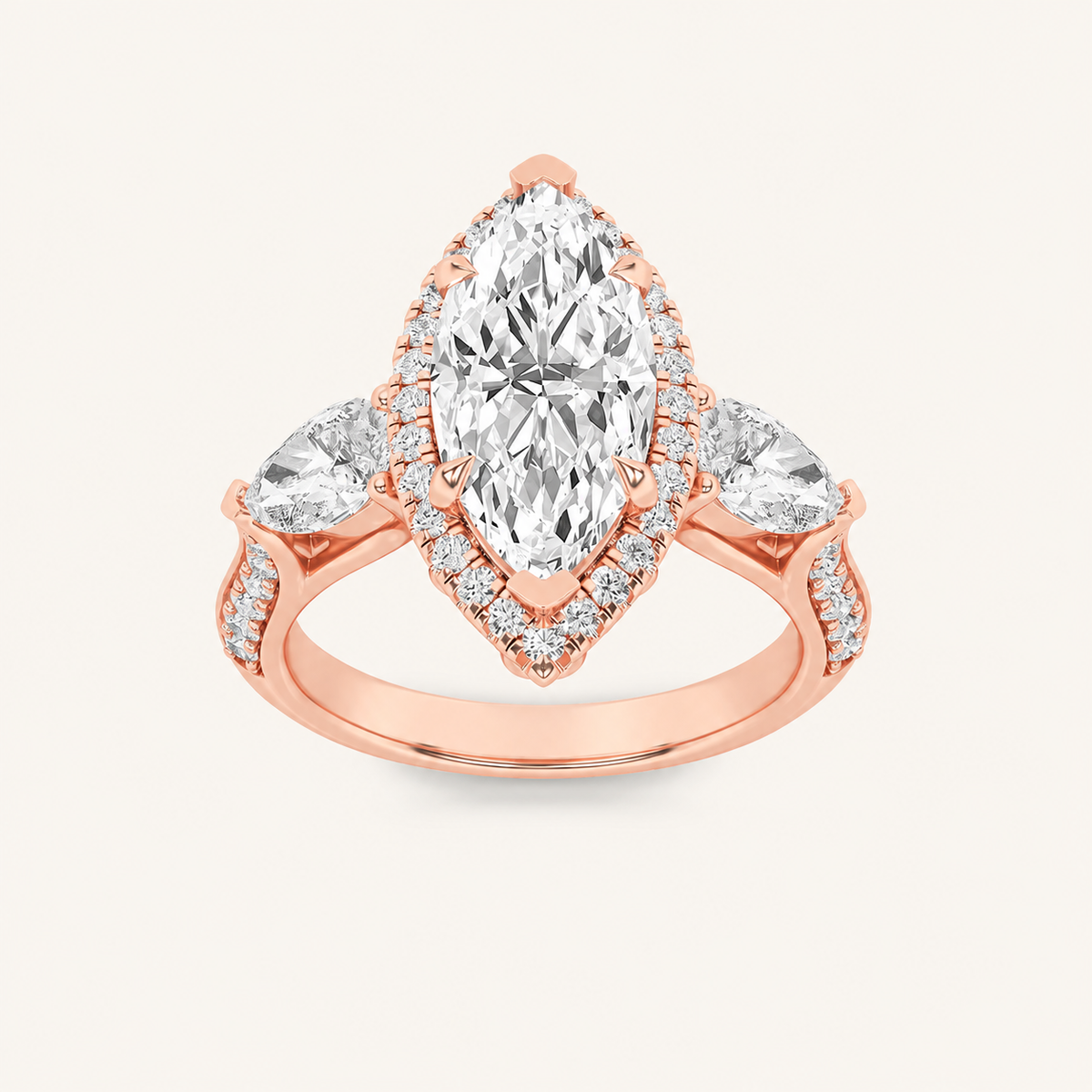 3CT Marquise Cut Lab Grown Diamond Three Stone Halo Engagement Ring
