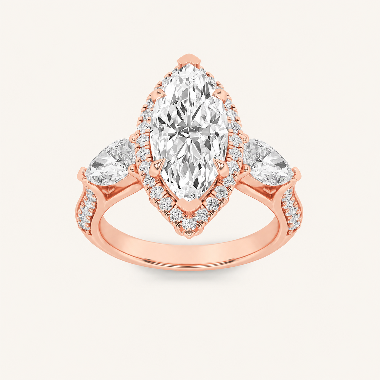 3CT Marquise Cut Lab Grown Diamond Three Stone Halo Engagement Ring