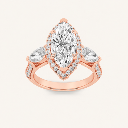 3CT Marquise Cut Lab Grown Diamond Three Stone Halo Engagement Ring