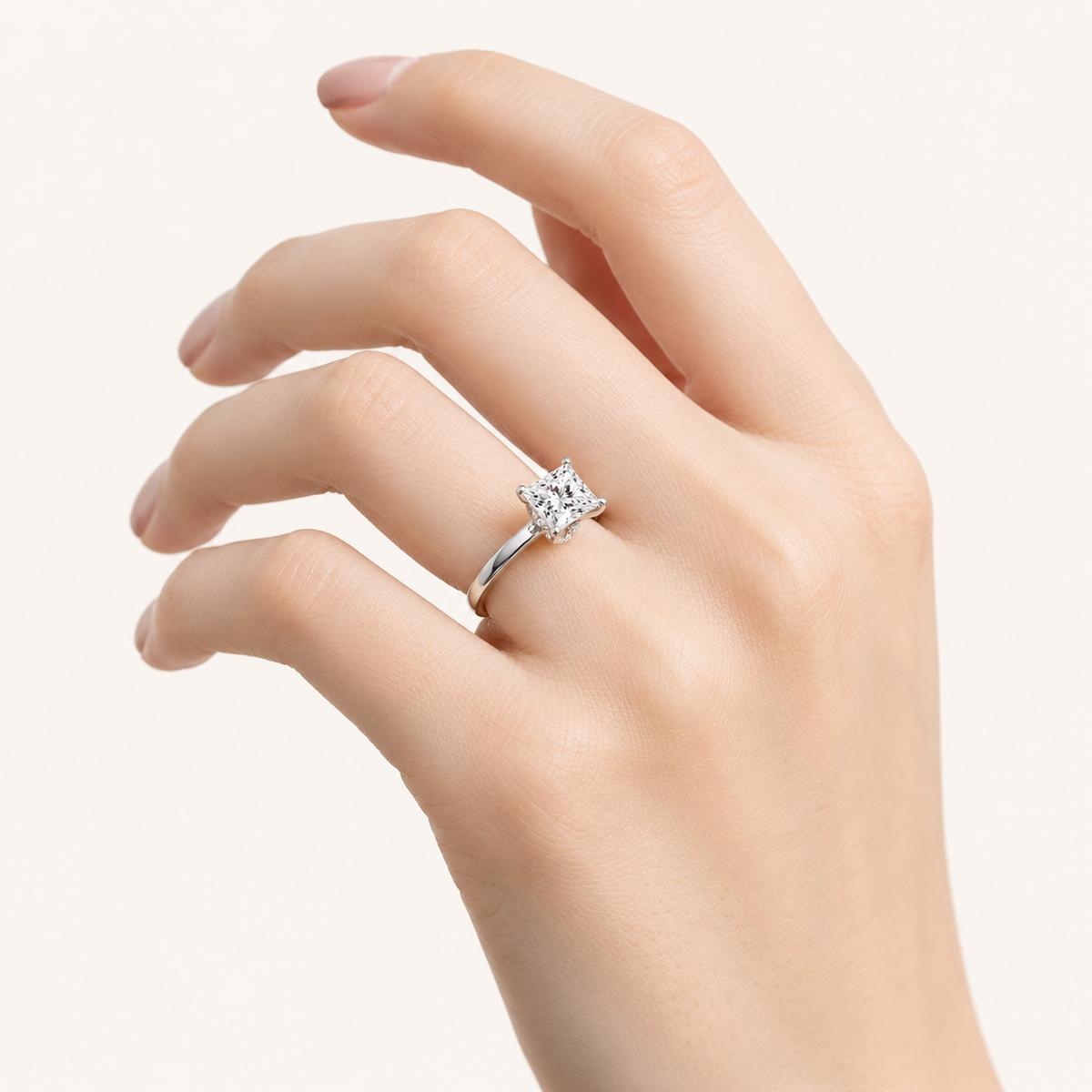 1CT Princess Cut Lab Grown Diamond Hidden Halo Plain Shank Engagement Ring