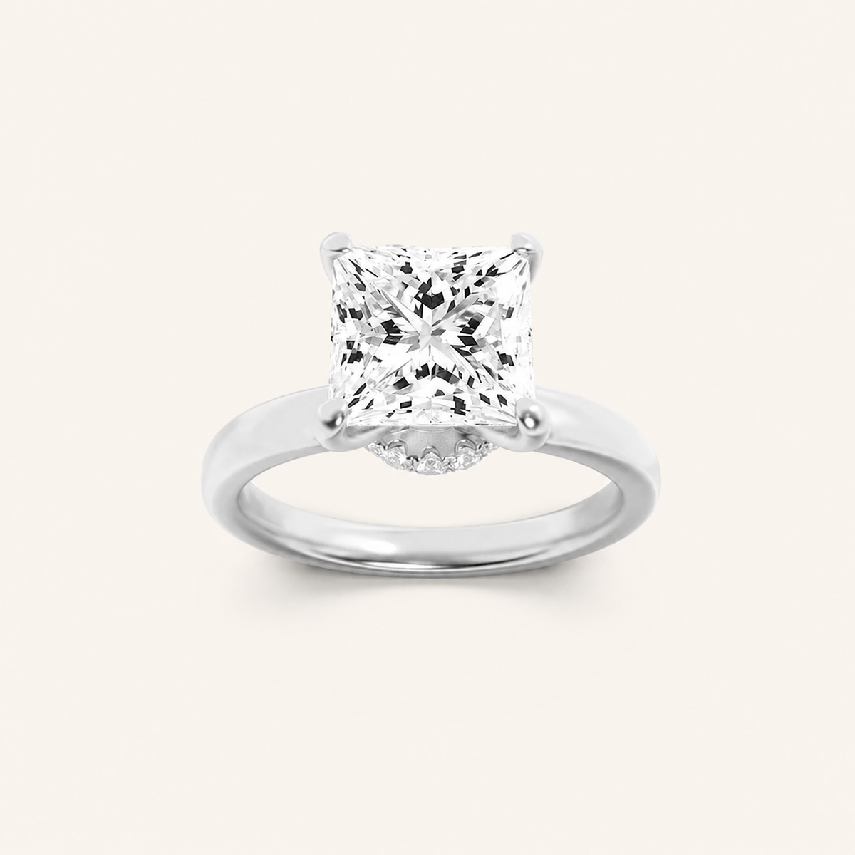 1CT Princess Cut Lab Grown Diamond Hidden Halo Plain Shank Engagement Ring