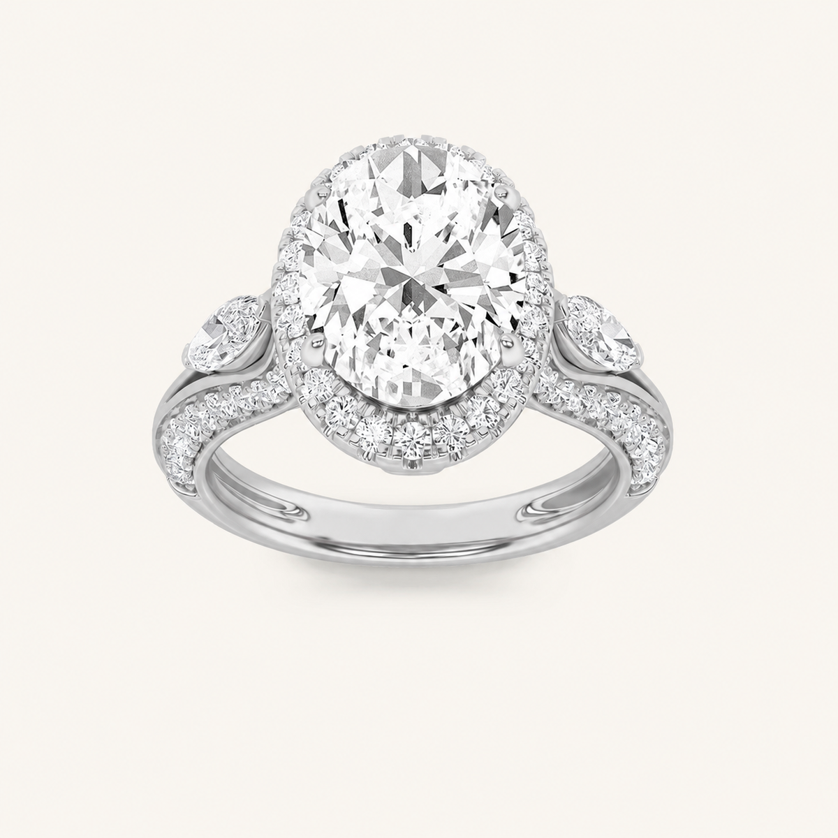 3CT Oval Cut Lab Grown Diamond Three Stone Halo Ring