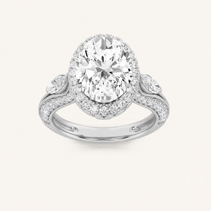 3CT Oval Cut Lab Grown Diamond Three Stone Halo Ring