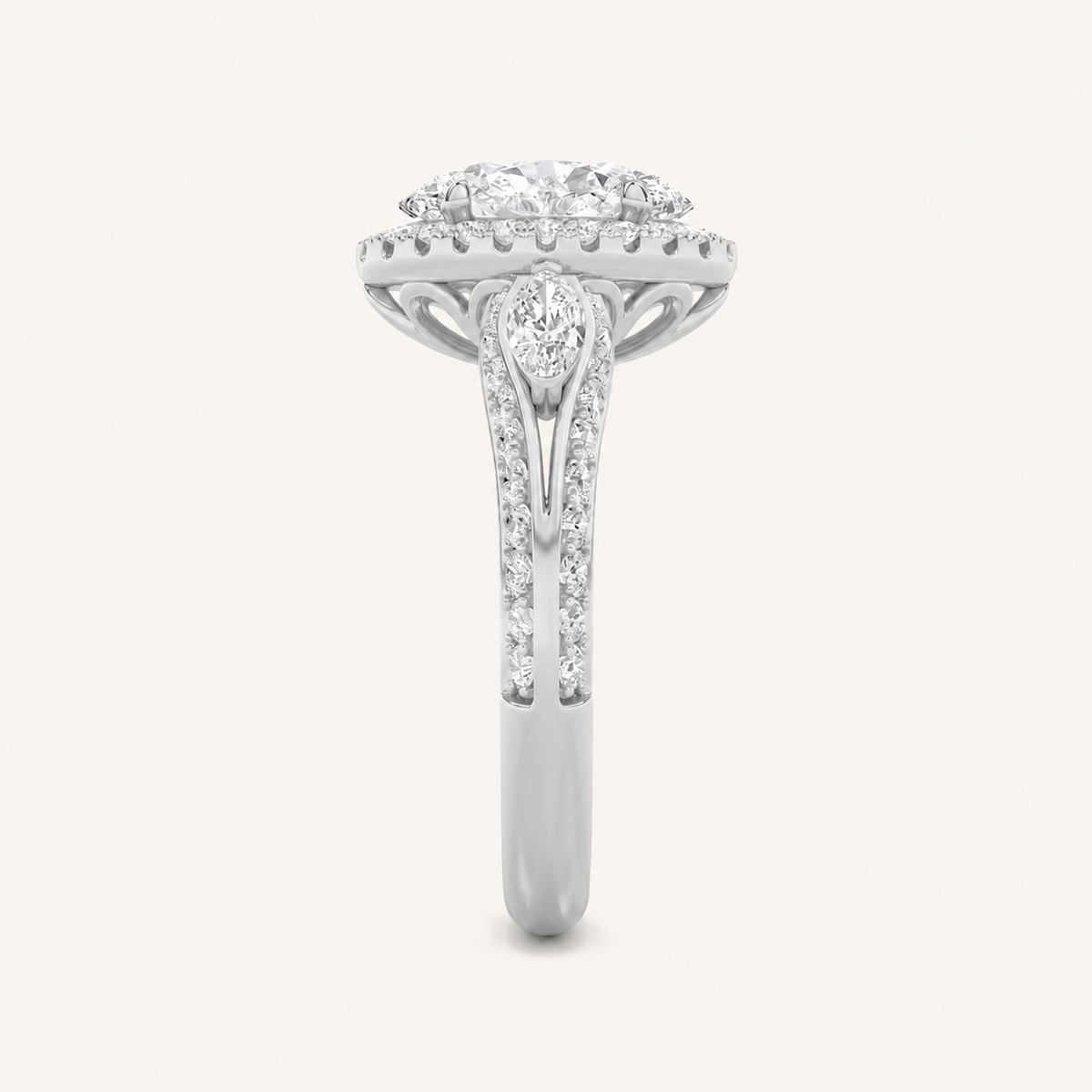 3CT Oval Cut Lab Grown Diamond Three Stone Halo Ring