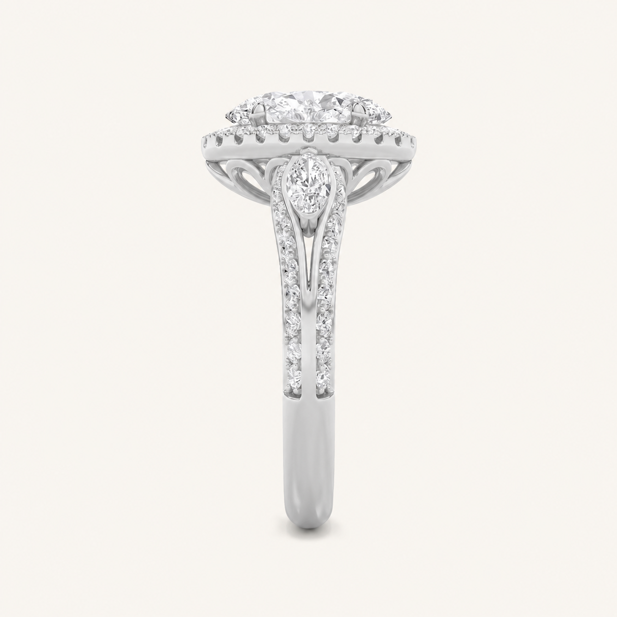 3CT Oval Cut Lab Grown Diamond Three Stone Halo Ring