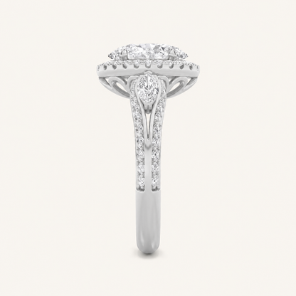 3CT Oval Cut Lab Grown Diamond Three Stone Halo Ring