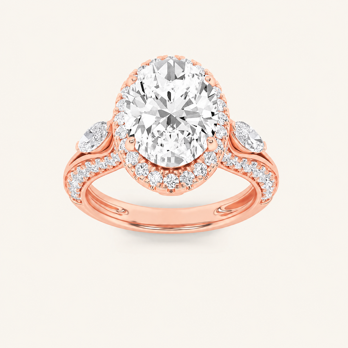 3CT Oval Cut Lab Grown Diamond Three Stone Halo Ring