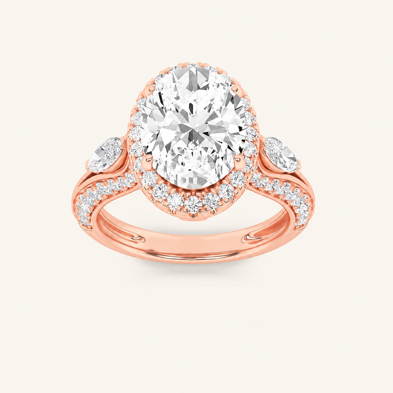 3CT Oval Cut Lab Grown Diamond Three Stone Halo Ring