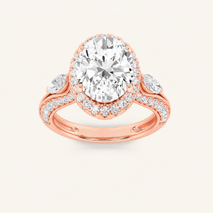 3CT Oval Cut Lab Grown Diamond Three Stone Halo Ring