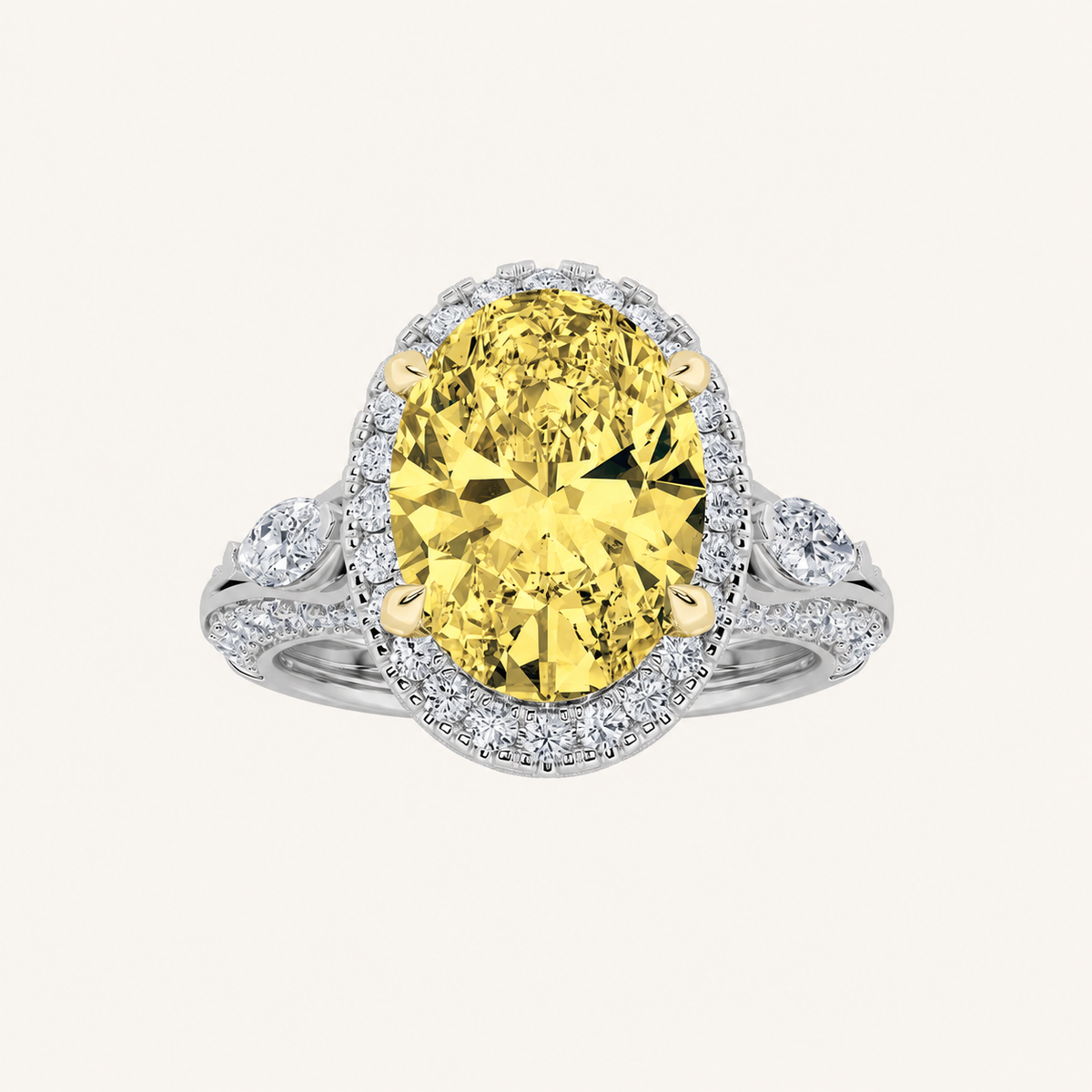 3CT Oval Cut Lab Grown Diamond Three Stone Halo Ring