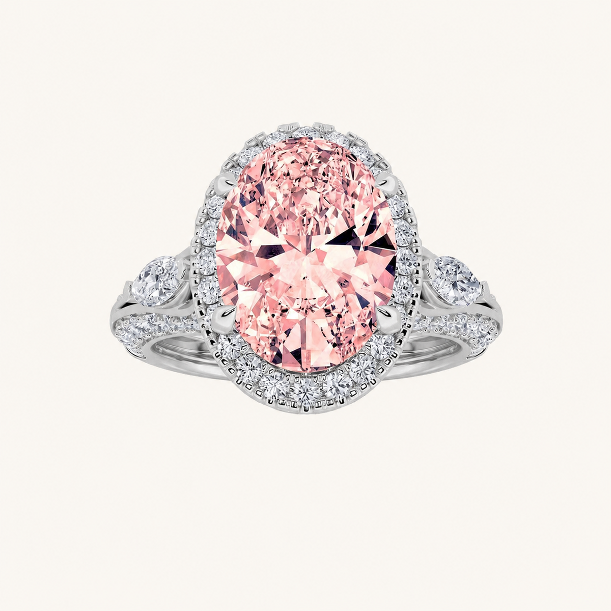 3CT Oval Cut Lab Grown Diamond Three Stone Halo Ring