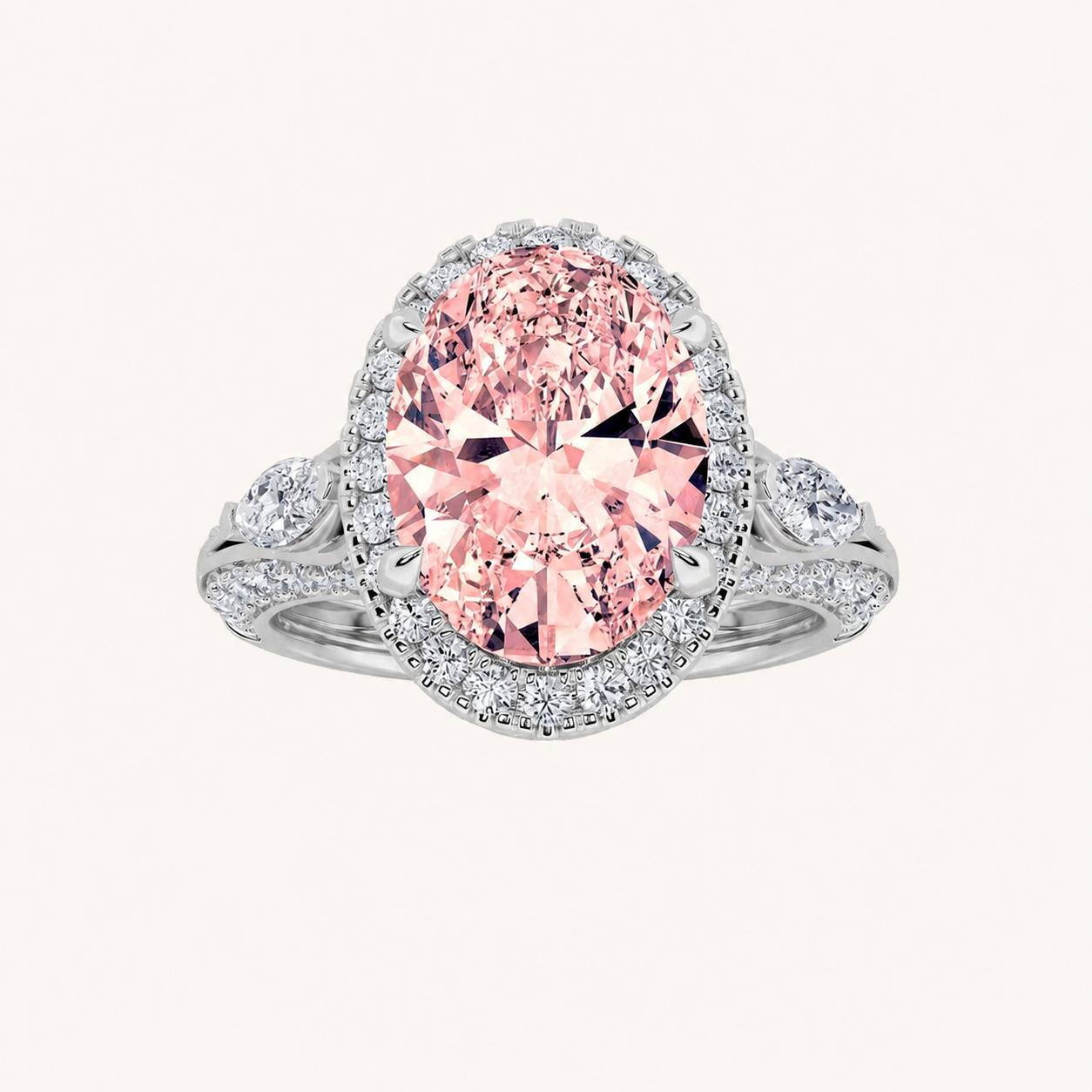 3CT Oval Cut Lab Grown Diamond Three Stone Halo Ring