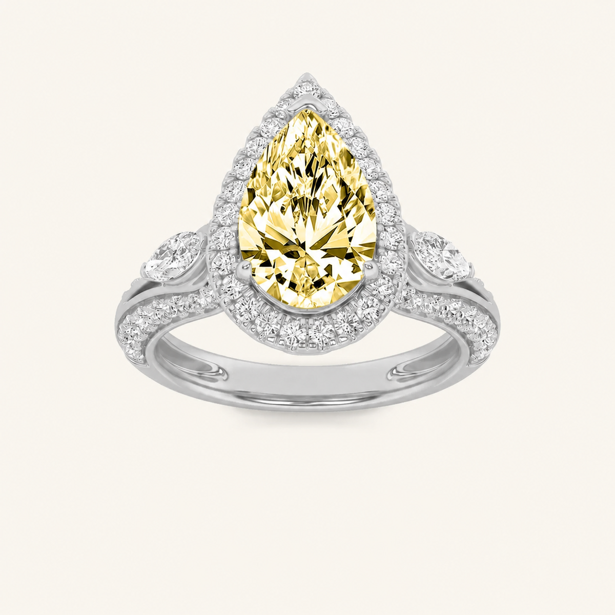 3CT Pear Cut Lab Grown Diamond Three Stone Halo Engagement Ring