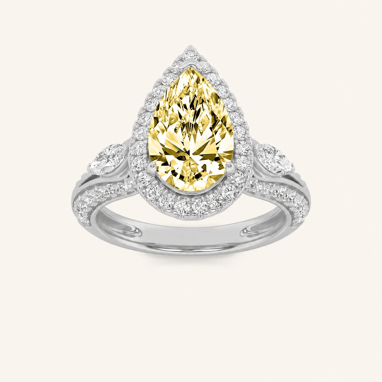 3CT Pear Cut Lab Grown Diamond Three Stone Halo Engagement Ring