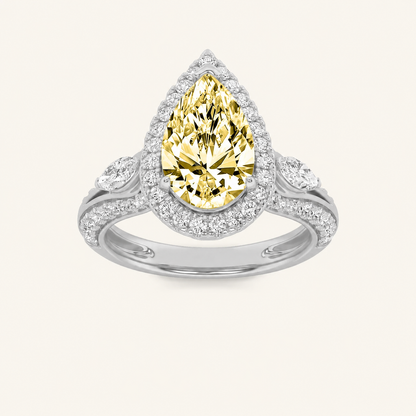 3CT Pear Cut Lab Grown Diamond Three Stone Halo Engagement Ring