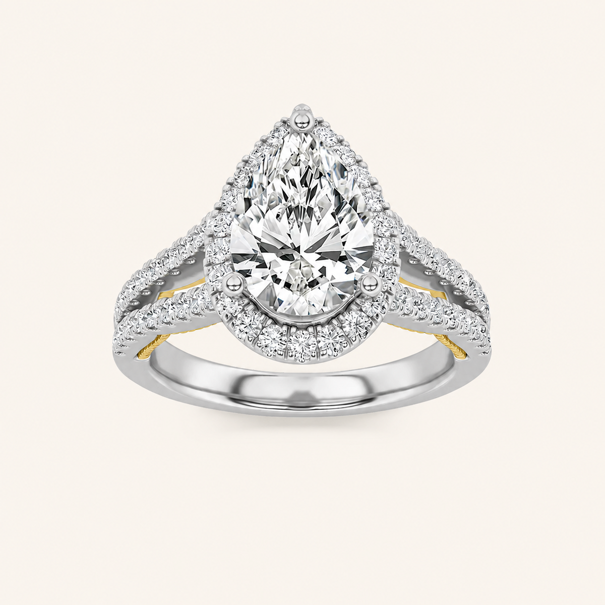 2 CT Pear Cut Lab Grown Diamond Split Shank Halo Ring