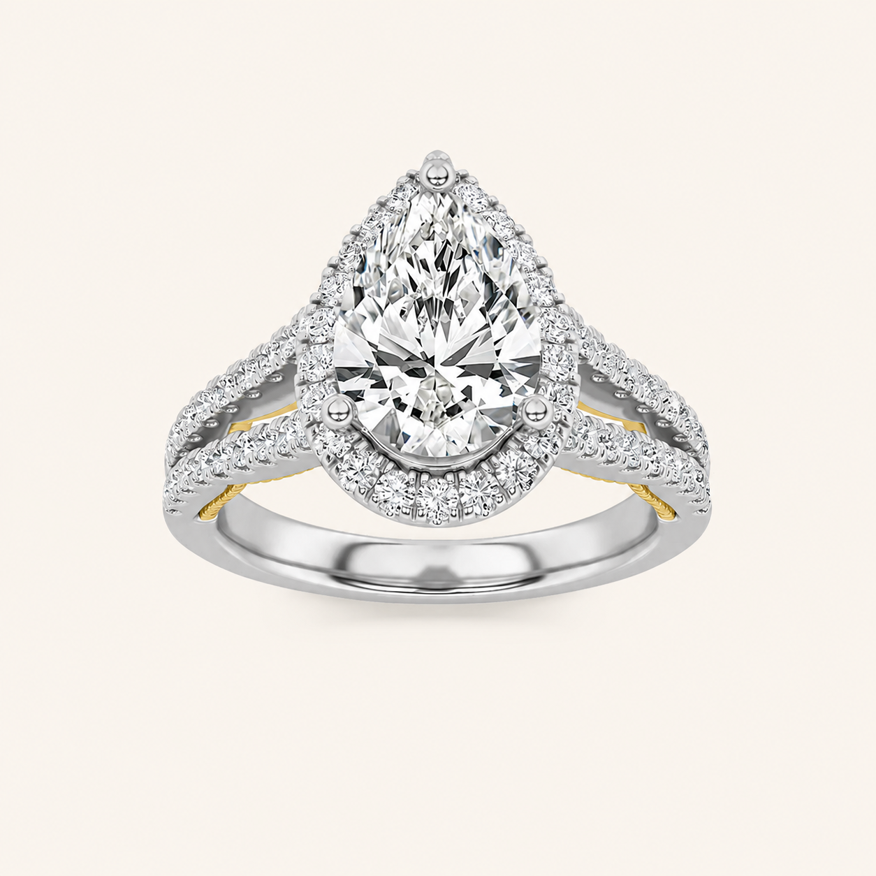 2 CT Pear Cut Lab Grown Diamond Split Shank Halo Ring