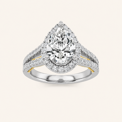 2 CT Pear Cut Lab Grown Diamond Split Shank Halo Ring