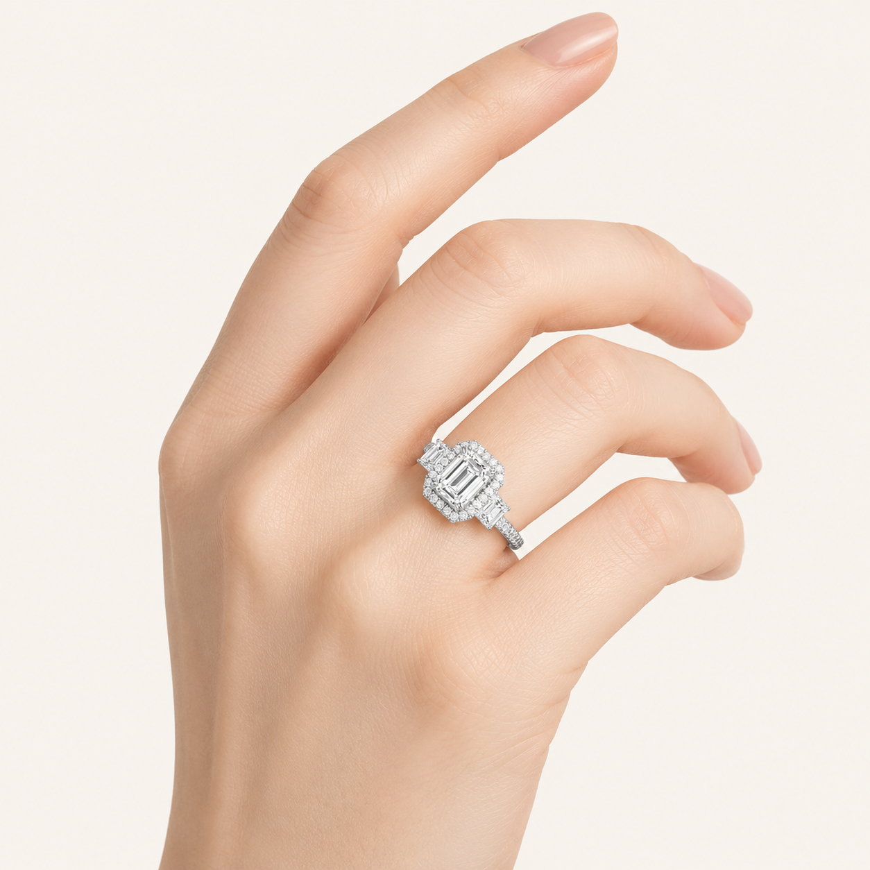 3CT Emerald Cut Lab Grown Diamond Three Stone Accented Engagement Ring
