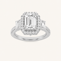 3CT Emerald Cut Lab Grown Diamond Three Stone Accented Engagement Ring