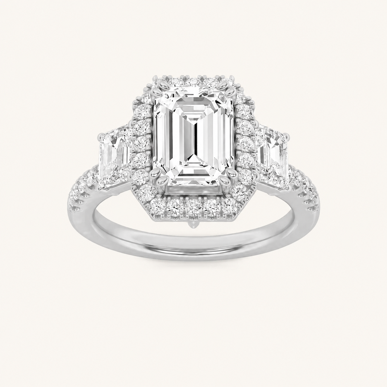 3CT Emerald Cut Lab Grown Diamond Three Stone Accented Engagement Ring