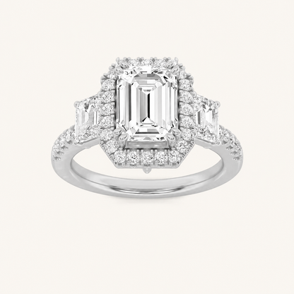 3CT Emerald Cut Lab Grown Diamond Three Stone Accented Engagement Ring