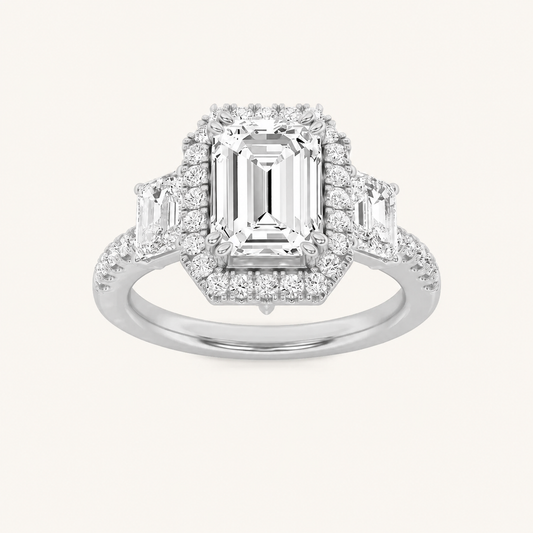 3CT Emerald Cut Lab Grown Diamond Three Stone Accented Engagement Ring