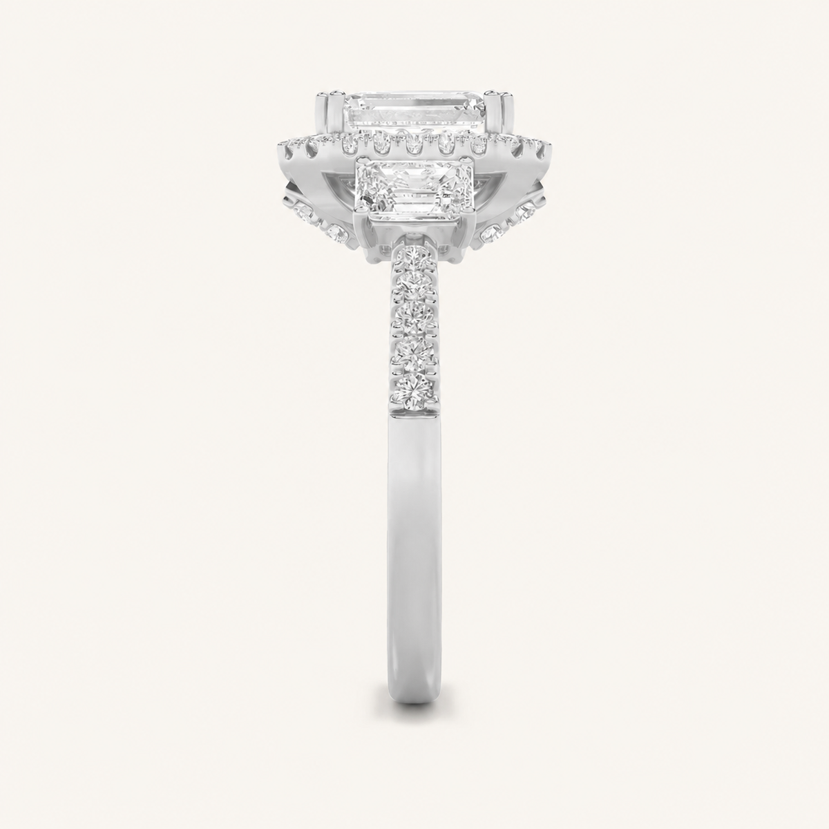 3CT Emerald Cut Lab Grown Diamond Three Stone Accented Engagement Ring