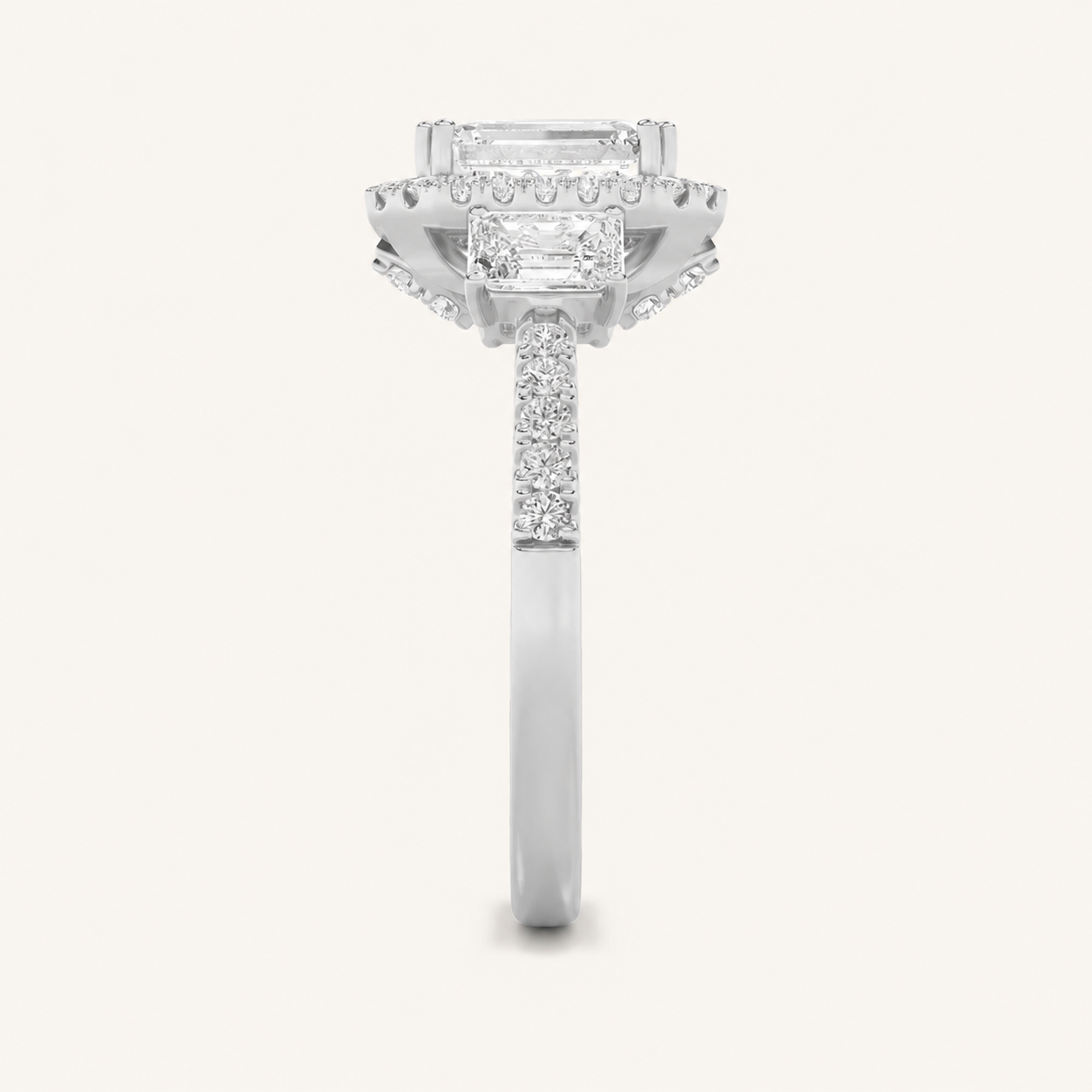 3CT Emerald Cut Lab Grown Diamond Three Stone Accented Engagement Ring